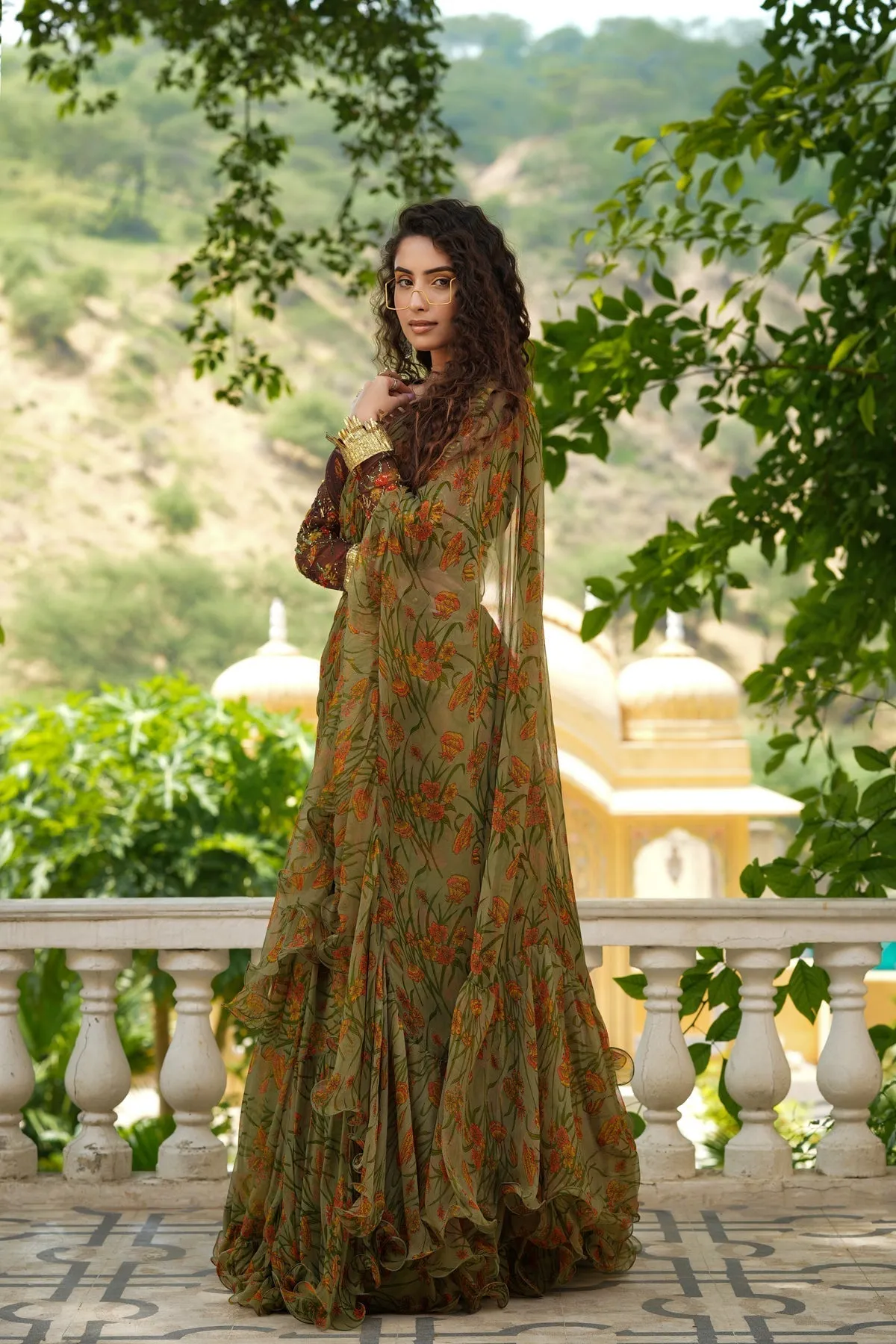 Bageecha sage green ruffle saree