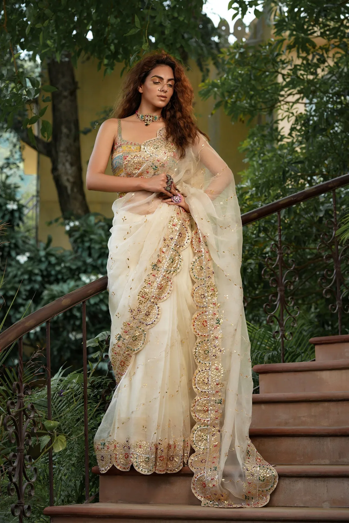 Bageecha shwet aur rangeen saree
