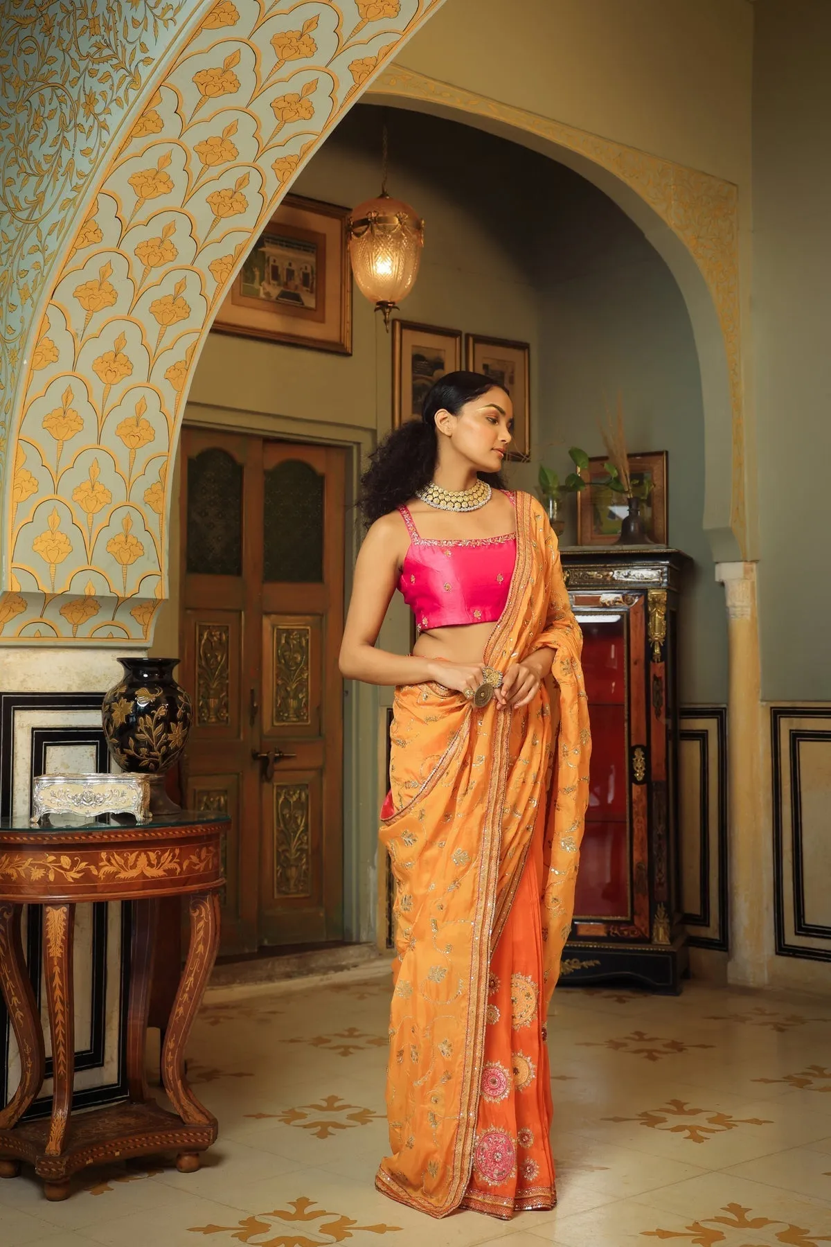 Dilruba narangi jaal saree blouse