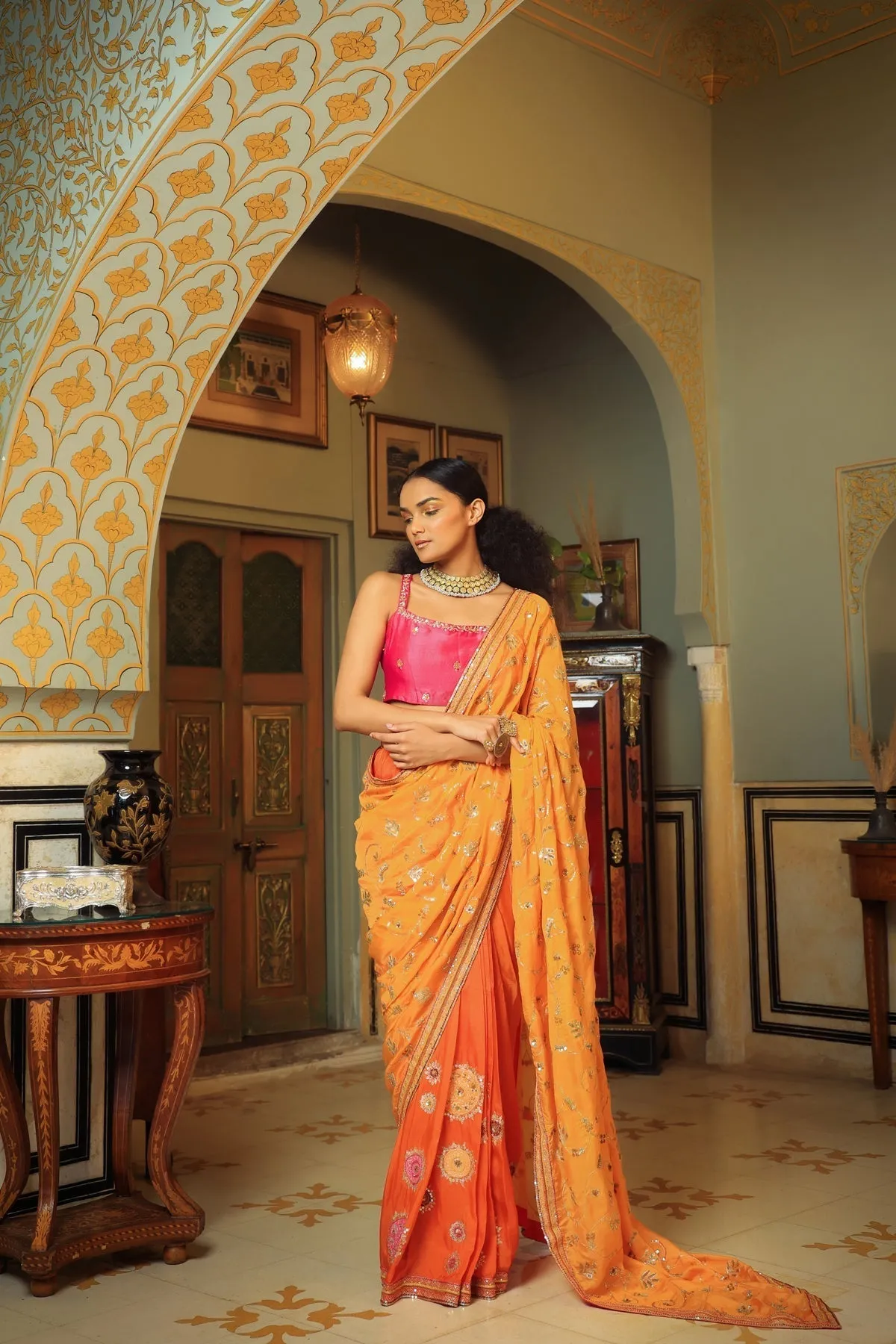 Dilruba narangi jaal saree blouse