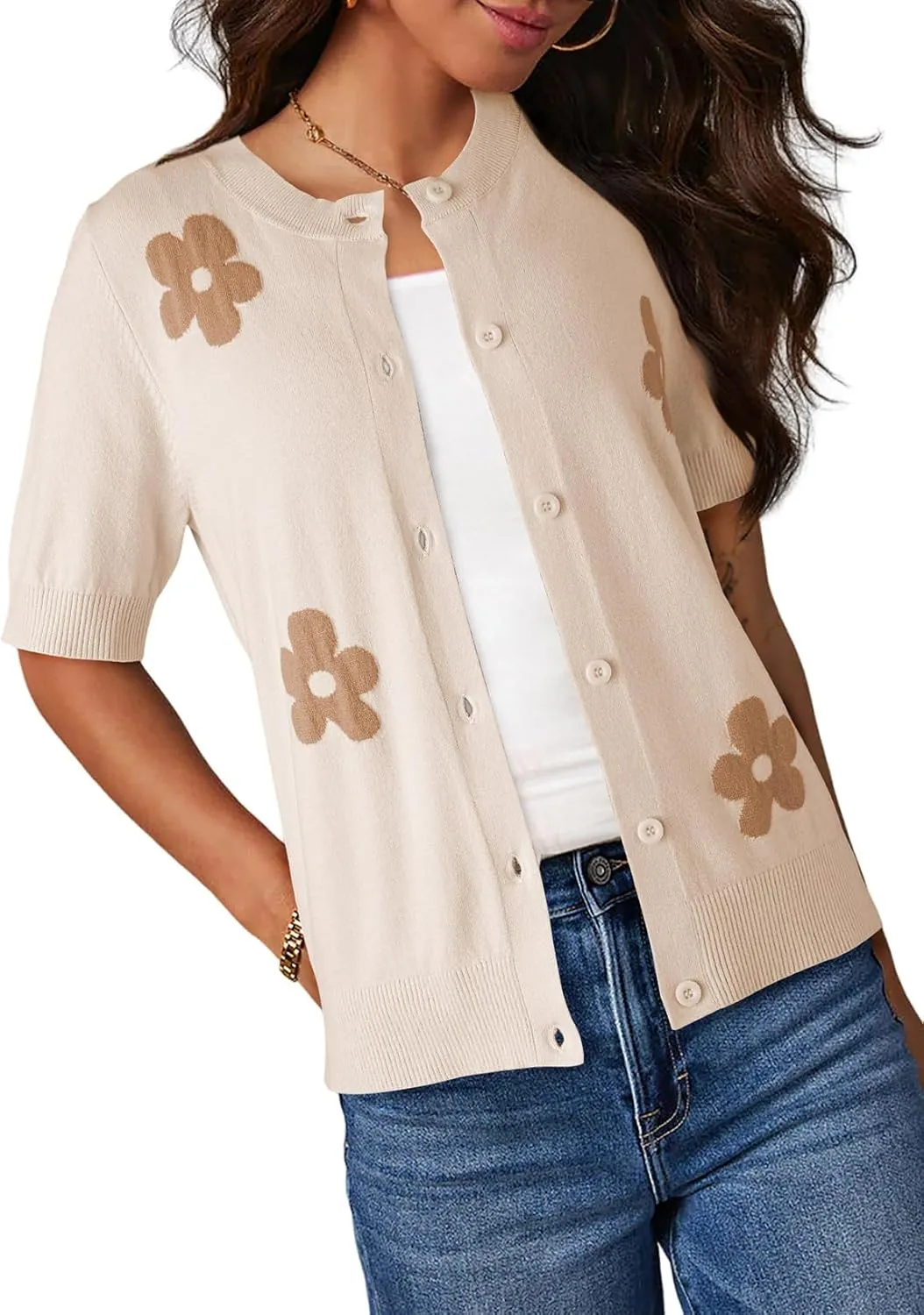 Dokotoo Cardigan Sweaters for Women Printed Round Neck Button Cardigan Womens Tops Open Front Summer Sweaters for Women