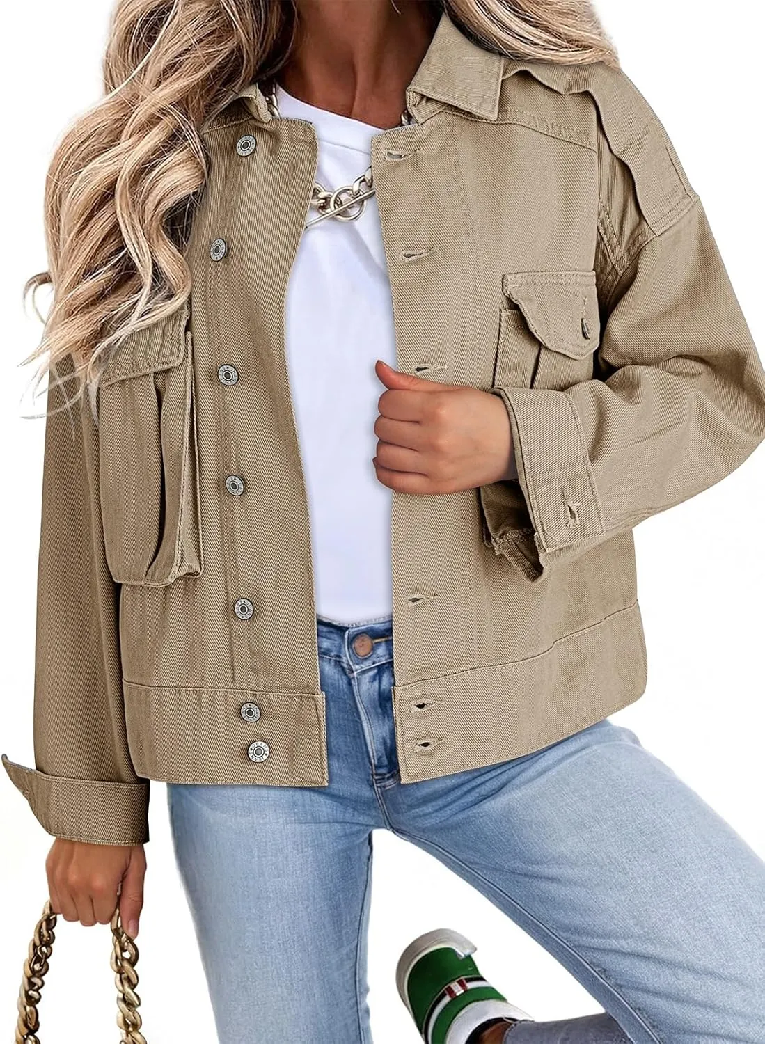 Dokotoo Women's Cargo Jean Jacket - Cropped Button Spring Fashion Coat for Women