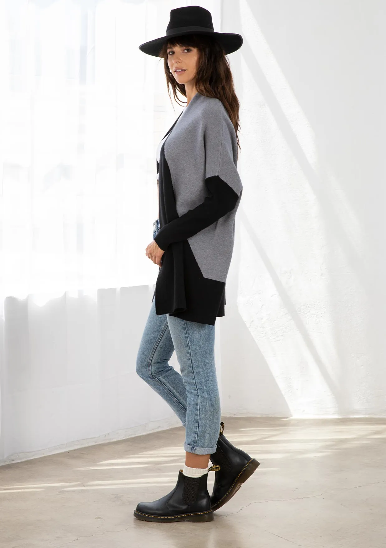 Grey and Black Colorblock Dolman Sleeve Cardigan