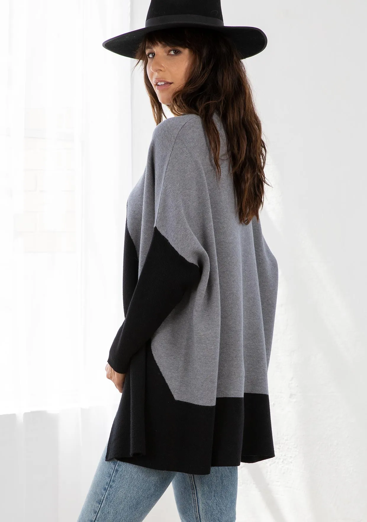 Grey and Black Colorblock Dolman Sleeve Cardigan