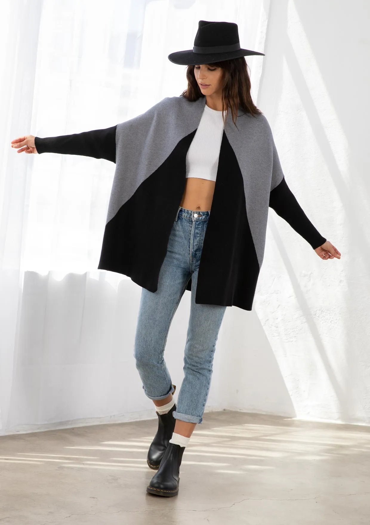Grey and Black Colorblock Dolman Sleeve Cardigan