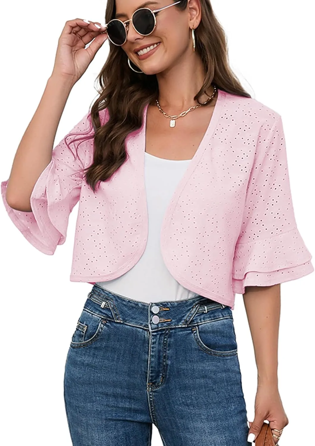 Heymoments Women's Summer Shrugs Ruffled Hem Open Front Crochet Lightweight dressy Cardigan for Dresses