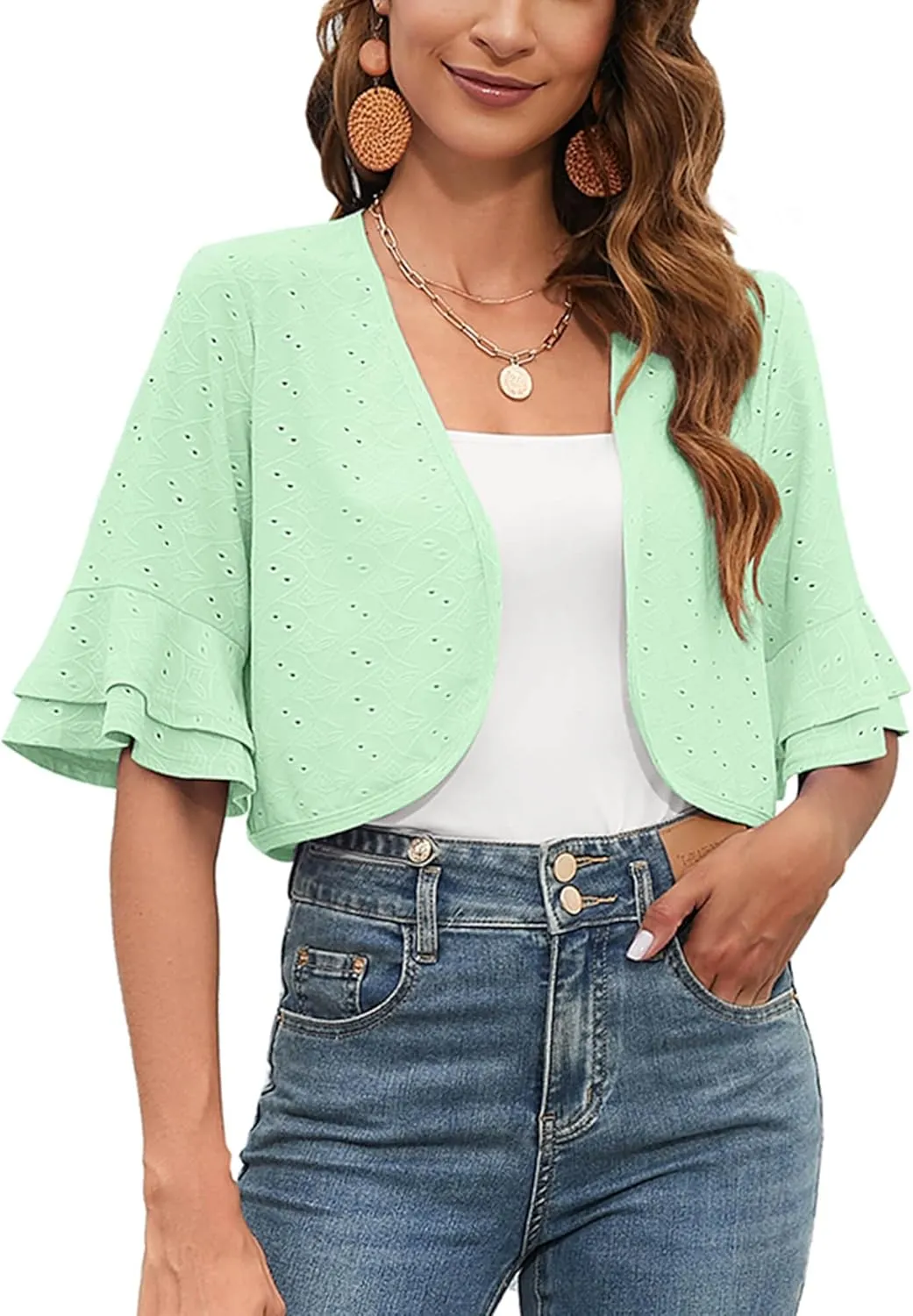 Heymoments Women's Summer Shrugs Ruffled Hem Open Front Crochet Lightweight dressy Cardigan for Dresses