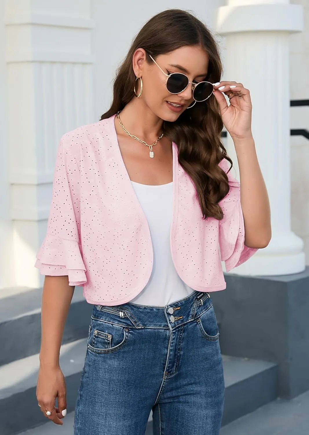Heymoments Women's Summer Shrugs Ruffled Hem Open Front Crochet Lightweight dressy Cardigan for Dresses