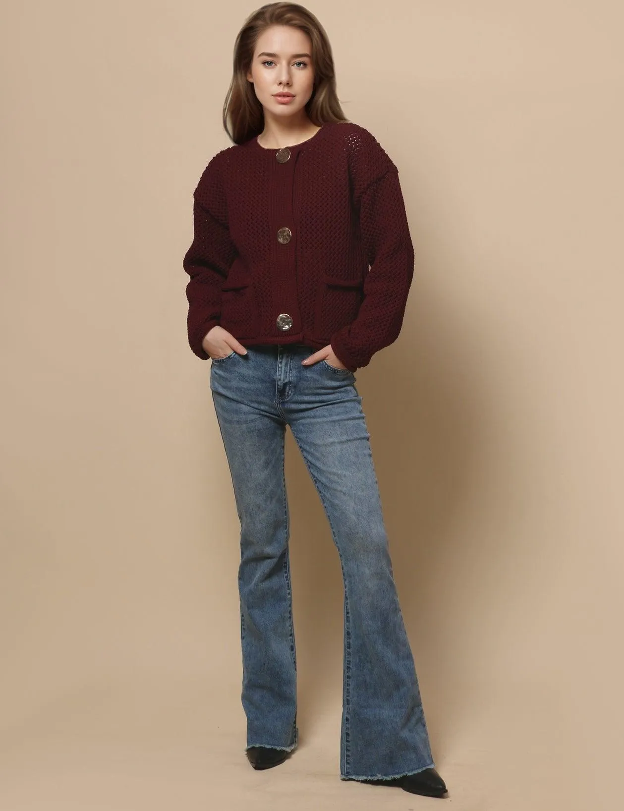 Ladies Chic Golden Botton V-Neck Cardigan SKT4635