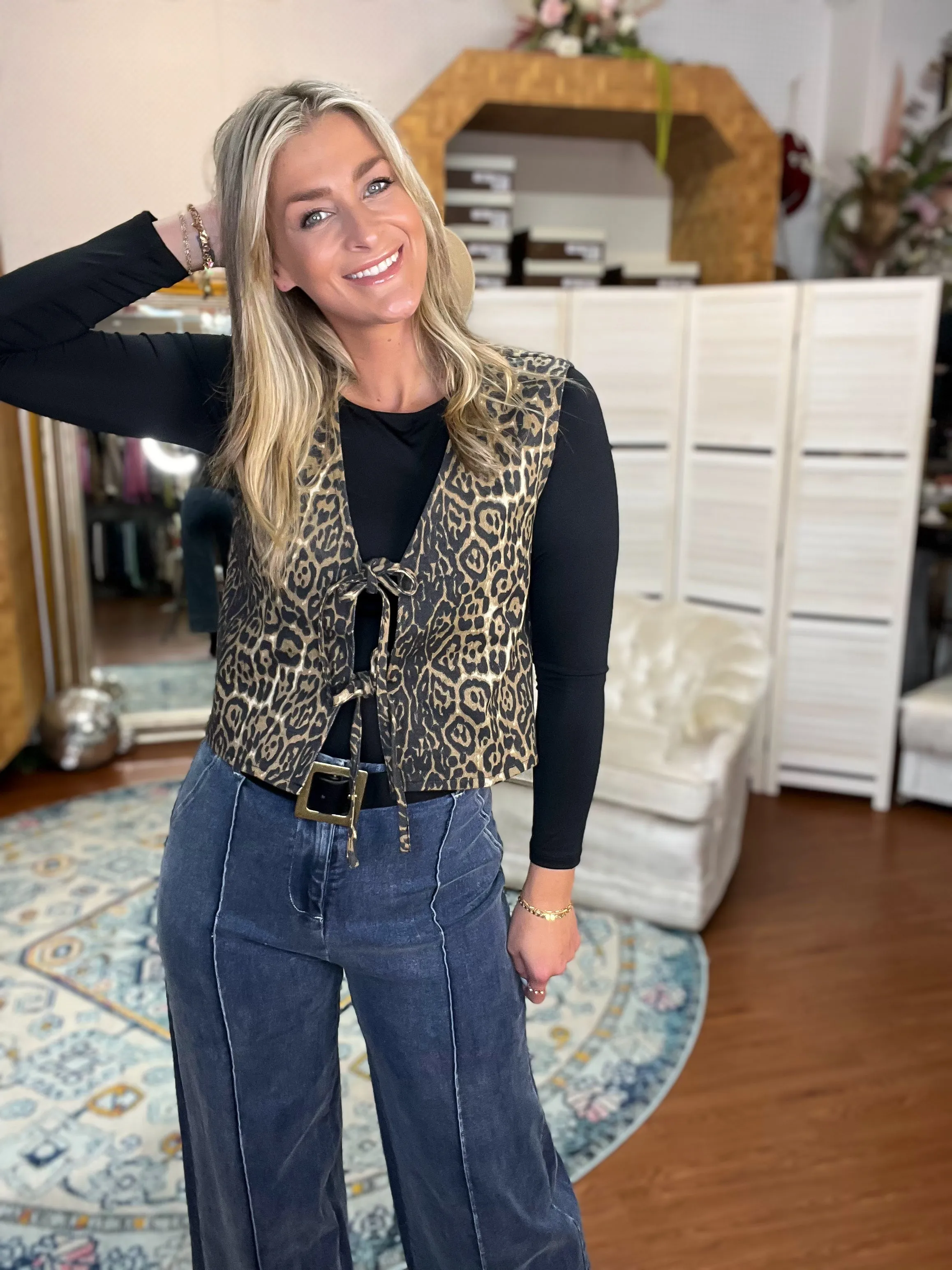 Leopard Print Tie Front Denim Vest