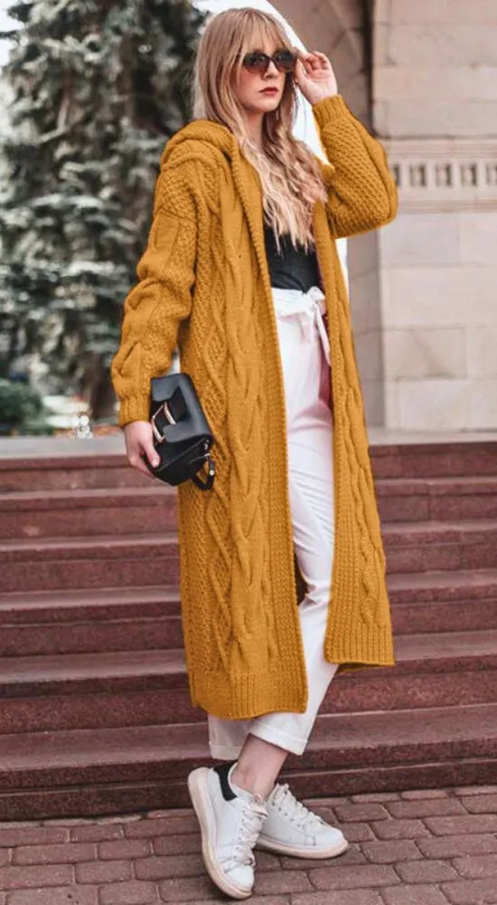 Luexco Women's Long Hooded Solid Twist Knit Cardigan