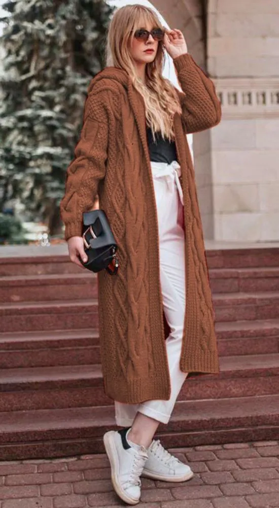 Luexco Women's Long Hooded Solid Twist Knit Cardigan