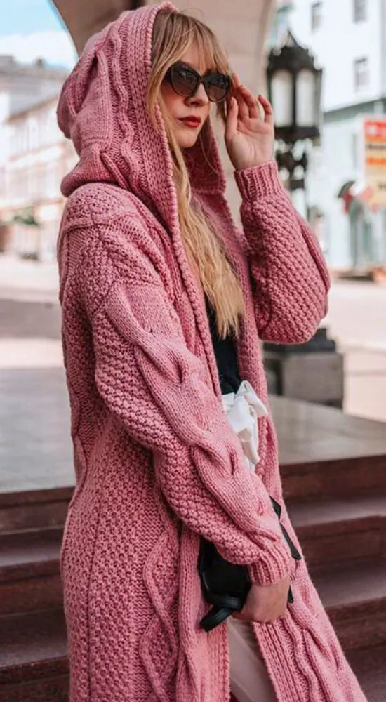 Luexco Women's Long Hooded Solid Twist Knit Cardigan