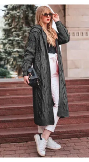Luexco Women's Long Hooded Solid Twist Knit Cardigan