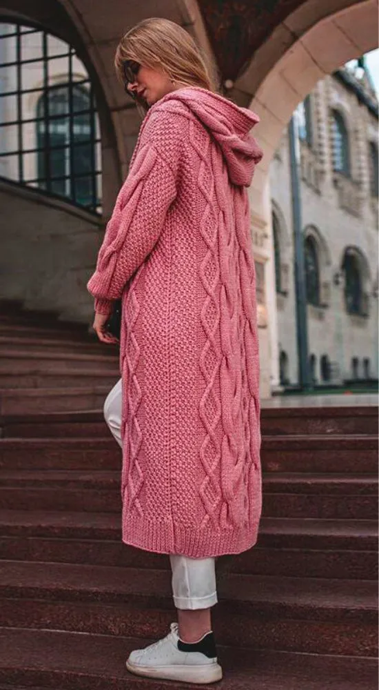 Luexco Women's Long Hooded Solid Twist Knit Cardigan
