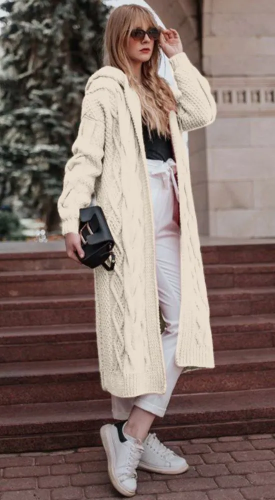 Luexco Women's Long Hooded Solid Twist Knit Cardigan