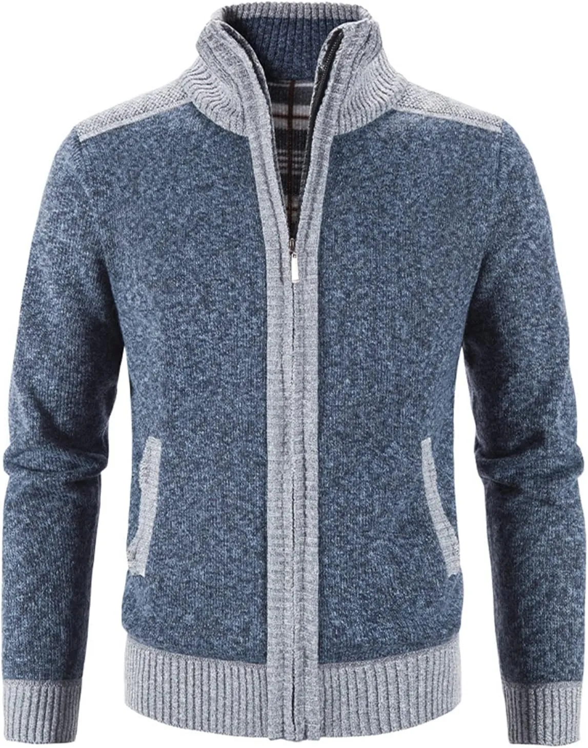 Lu's Chic Men's Long Sleeve Cardigan Sweater Thermal Slim Fit Full Zip Quilted Jacket Business Casual Knit Coats Pocket