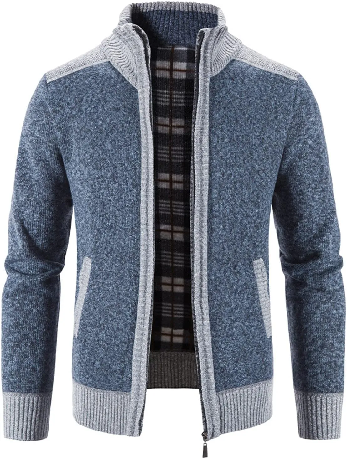 Lu's Chic Men's Long Sleeve Cardigan Sweater Thermal Slim Fit Full Zip Quilted Jacket Business Casual Knit Coats Pocket