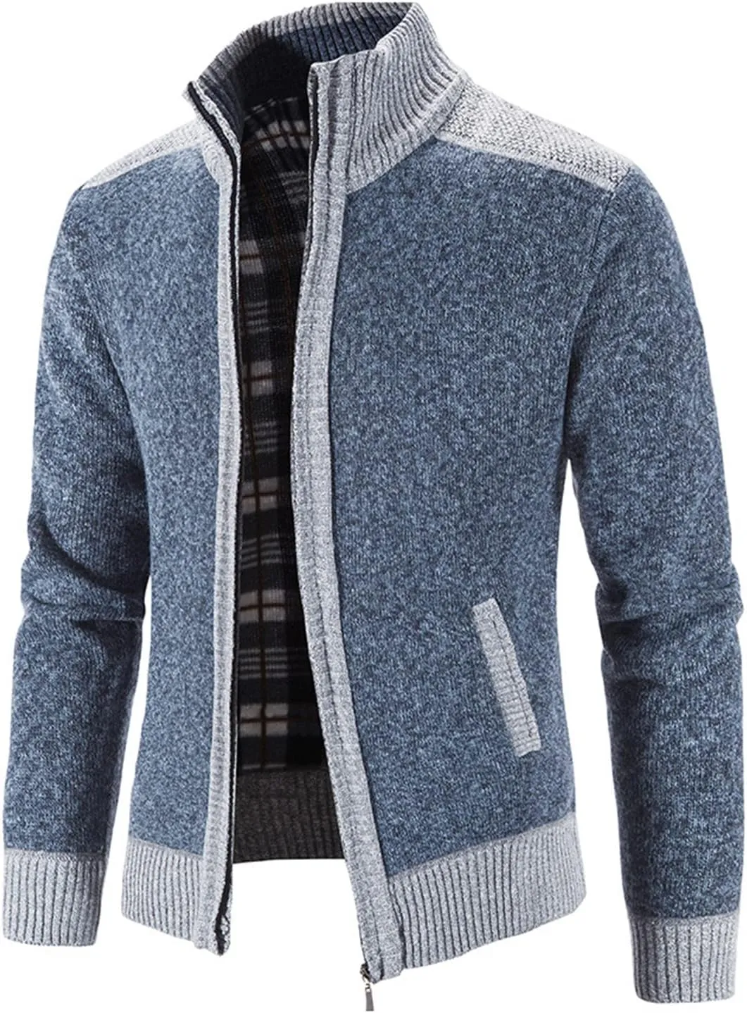 Lu's Chic Men's Long Sleeve Cardigan Sweater Thermal Slim Fit Full Zip Quilted Jacket Business Casual Knit Coats Pocket