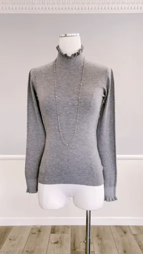 Lydia Ruffle Tip Grey Mock Neck Sweater