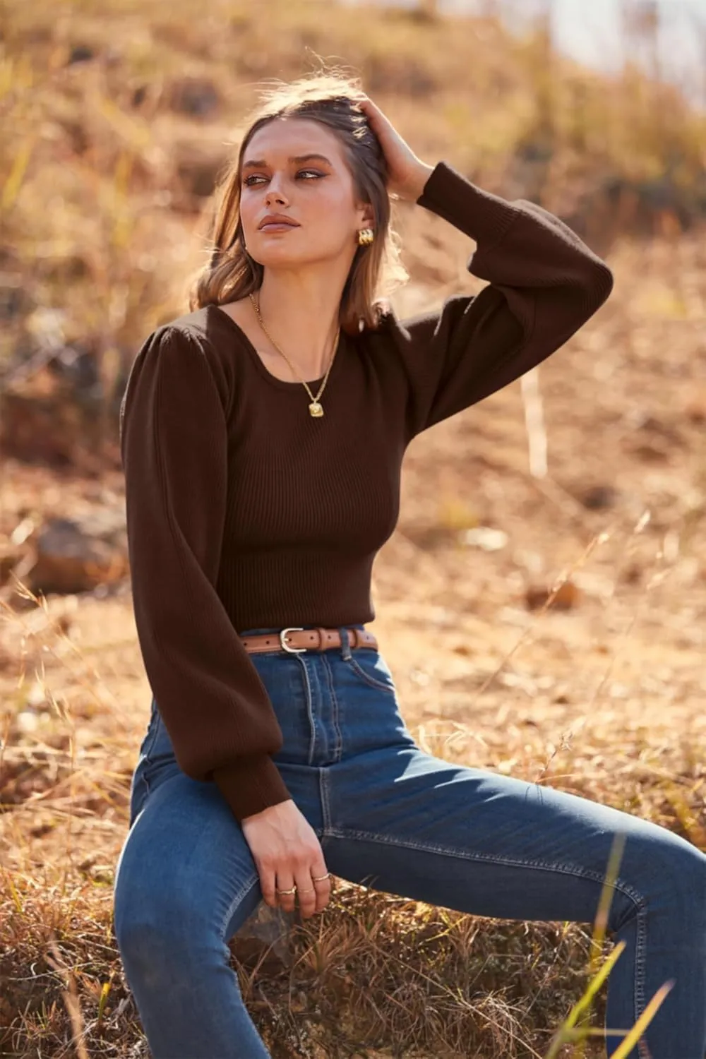 MASCOMODA Long Puff Sleeve Sweaters for Women 2025 Fall Winter Crewneck Knit Ribbed Bodysuit Pullover Tops