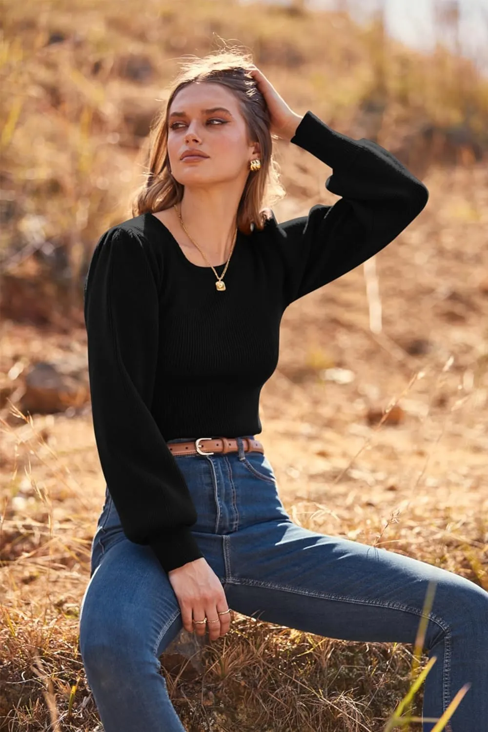 MASCOMODA Long Puff Sleeve Sweaters for Women 2025 Fall Winter Crewneck Knit Ribbed Bodysuit Pullover Tops