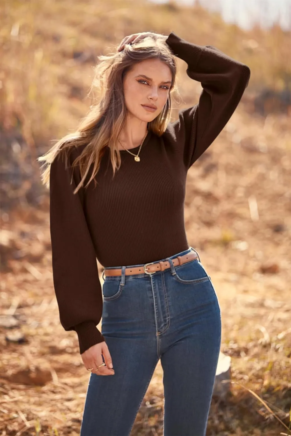 MASCOMODA Long Puff Sleeve Sweaters for Women 2025 Fall Winter Crewneck Knit Ribbed Bodysuit Pullover Tops