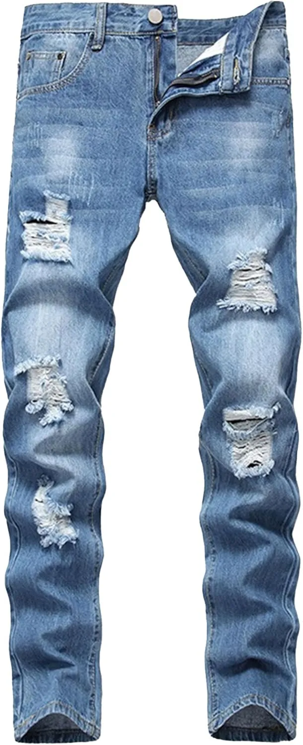 Men's Casual Distressed Classic Jeans Regular Fit Straight Denim Pants Comfort Washed Outdoor Jeans Trouser