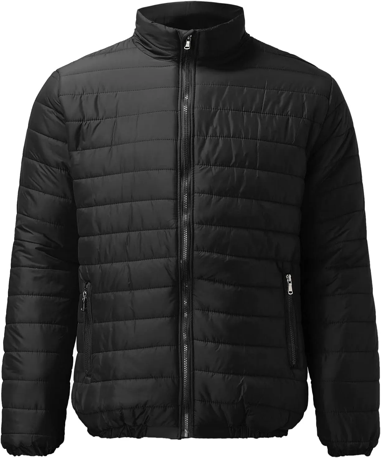 Mens Quilted Puffer Down Jacket Full Zip Stand Up Collar Jacket Warm Thick Windbreaker Winter Outwear Coat with Hood