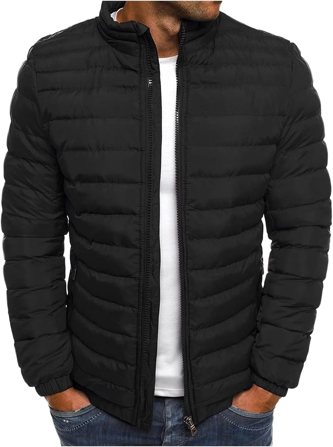 Mens Quilted Puffer Down Jacket Full Zip Stand Up Collar Jacket Warm Thick Windbreaker Winter Outwear Coat with Hood
