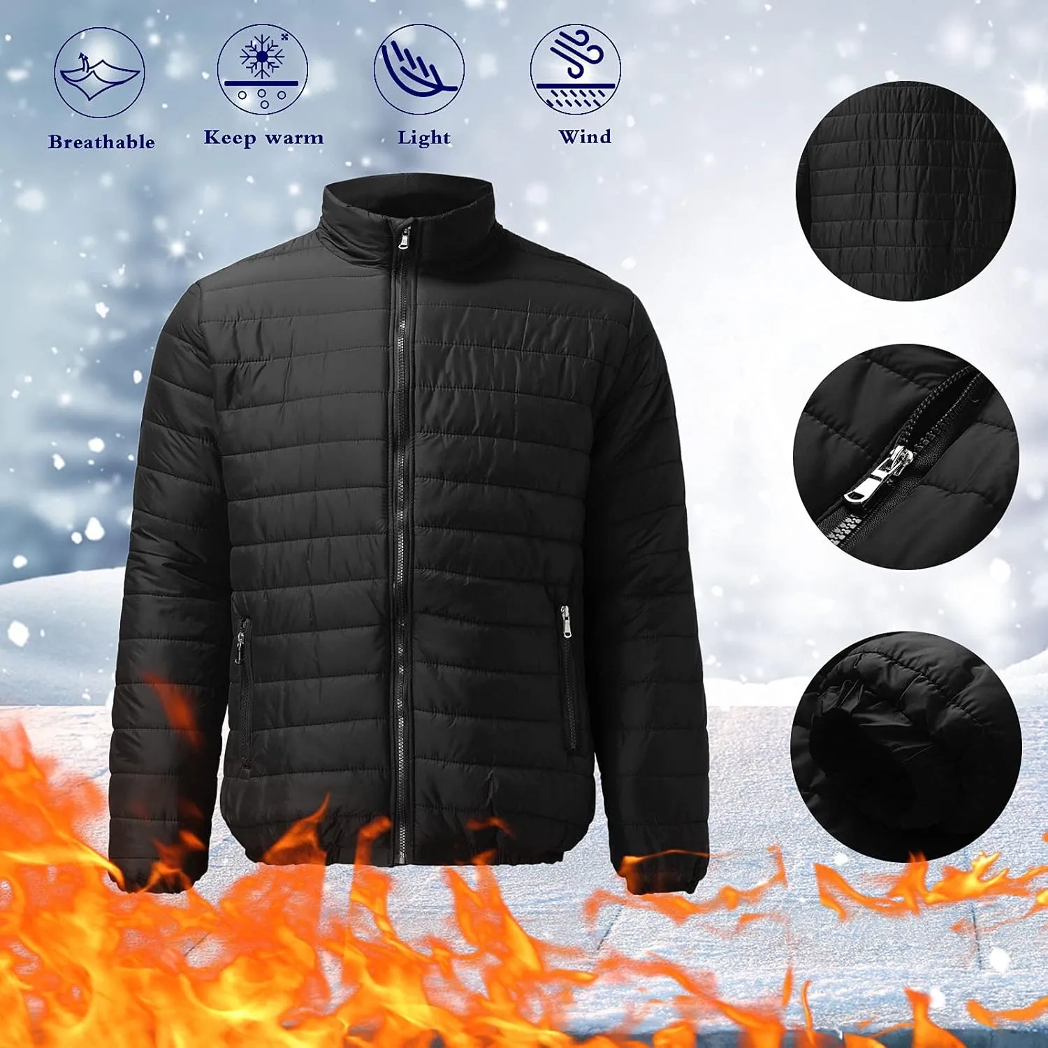 Mens Quilted Puffer Down Jacket Full Zip Stand Up Collar Jacket Warm Thick Windbreaker Winter Outwear Coat with Hood