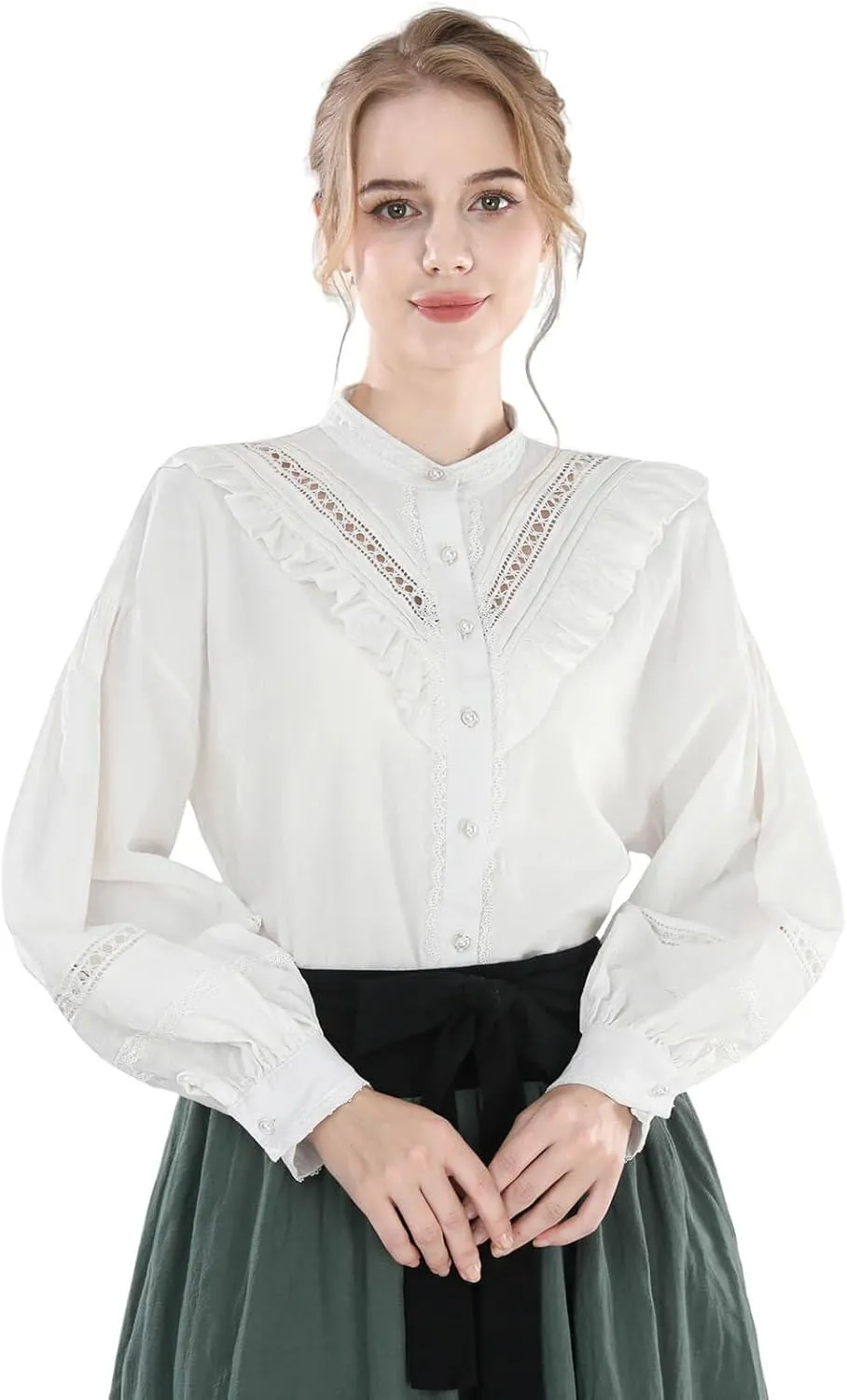 Nuoqi Victorian Blouse for Women Cotton Renaissance Shirt Long Sleeve Vintage Top
