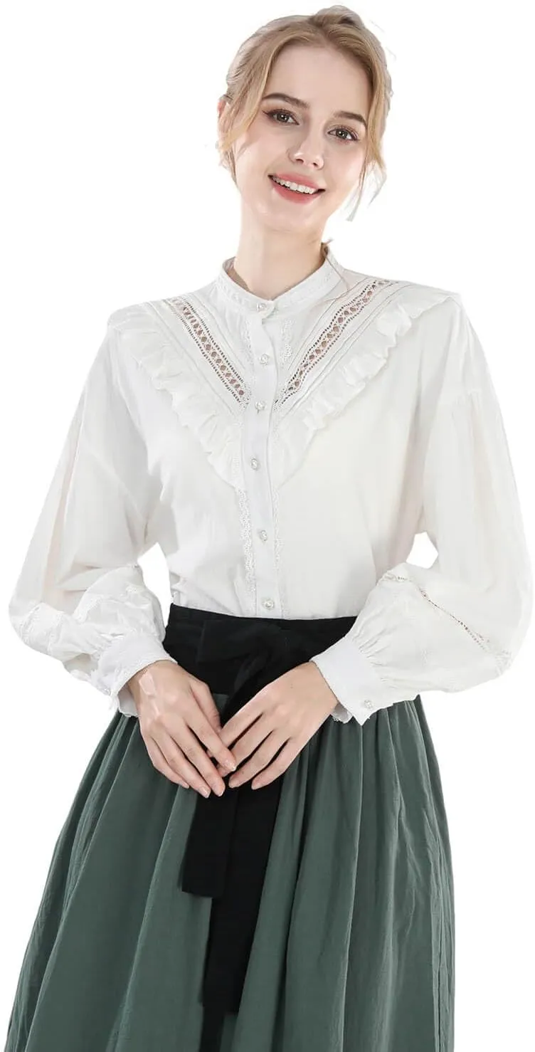 Nuoqi Victorian Blouse for Women Cotton Renaissance Shirt Long Sleeve Vintage Top