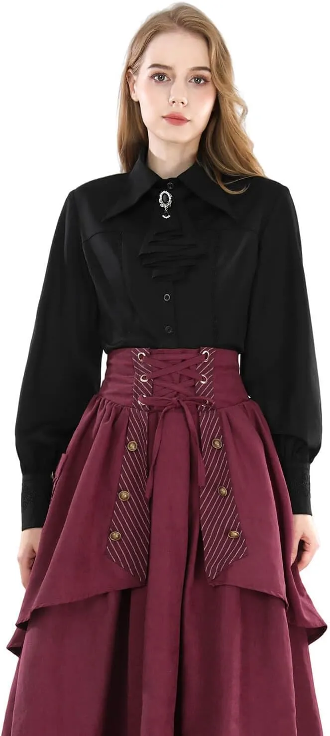 Nuoqi Victorian Blouse Women Black Gothic Pirate Shirt Long Sleeve Renaissance Top with Tie