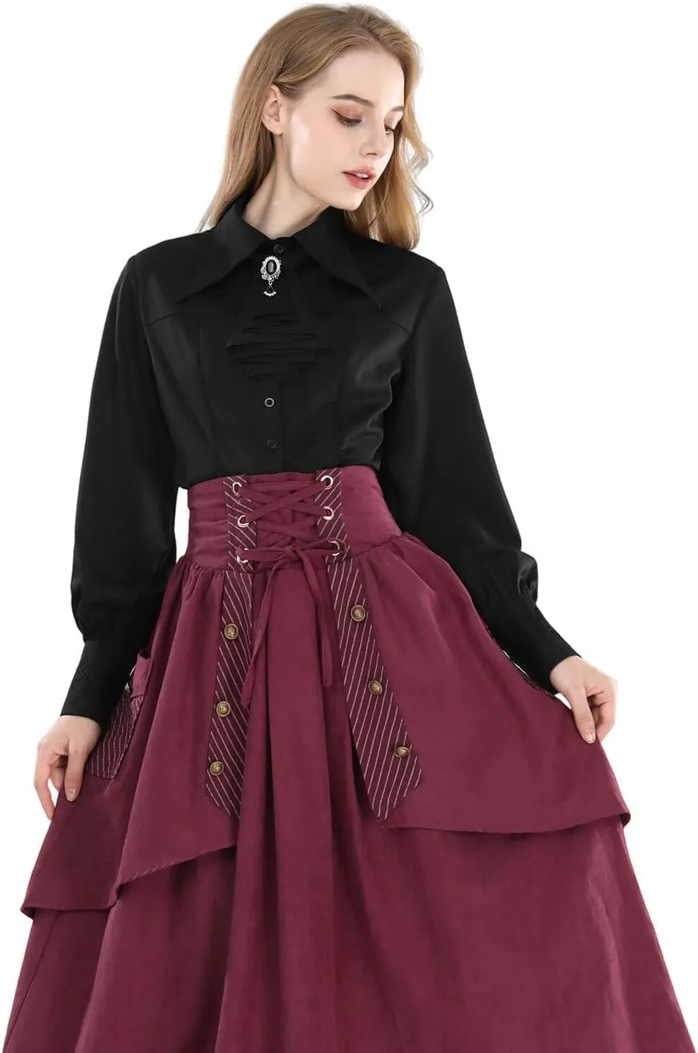 Nuoqi Victorian Blouse Women Black Gothic Pirate Shirt Long Sleeve Renaissance Top with Tie