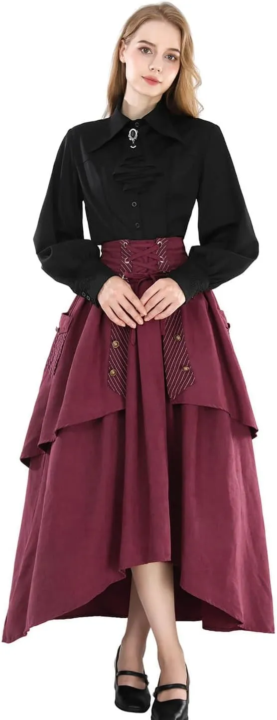 Nuoqi Victorian Blouse Women Black Gothic Pirate Shirt Long Sleeve Renaissance Top with Tie