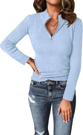 PRETTYGARDEN Fall Quarter Zip Pullover Sweaters for Women 2025 Long Sleeve Collared Fitted Ribbed Knit Tops
