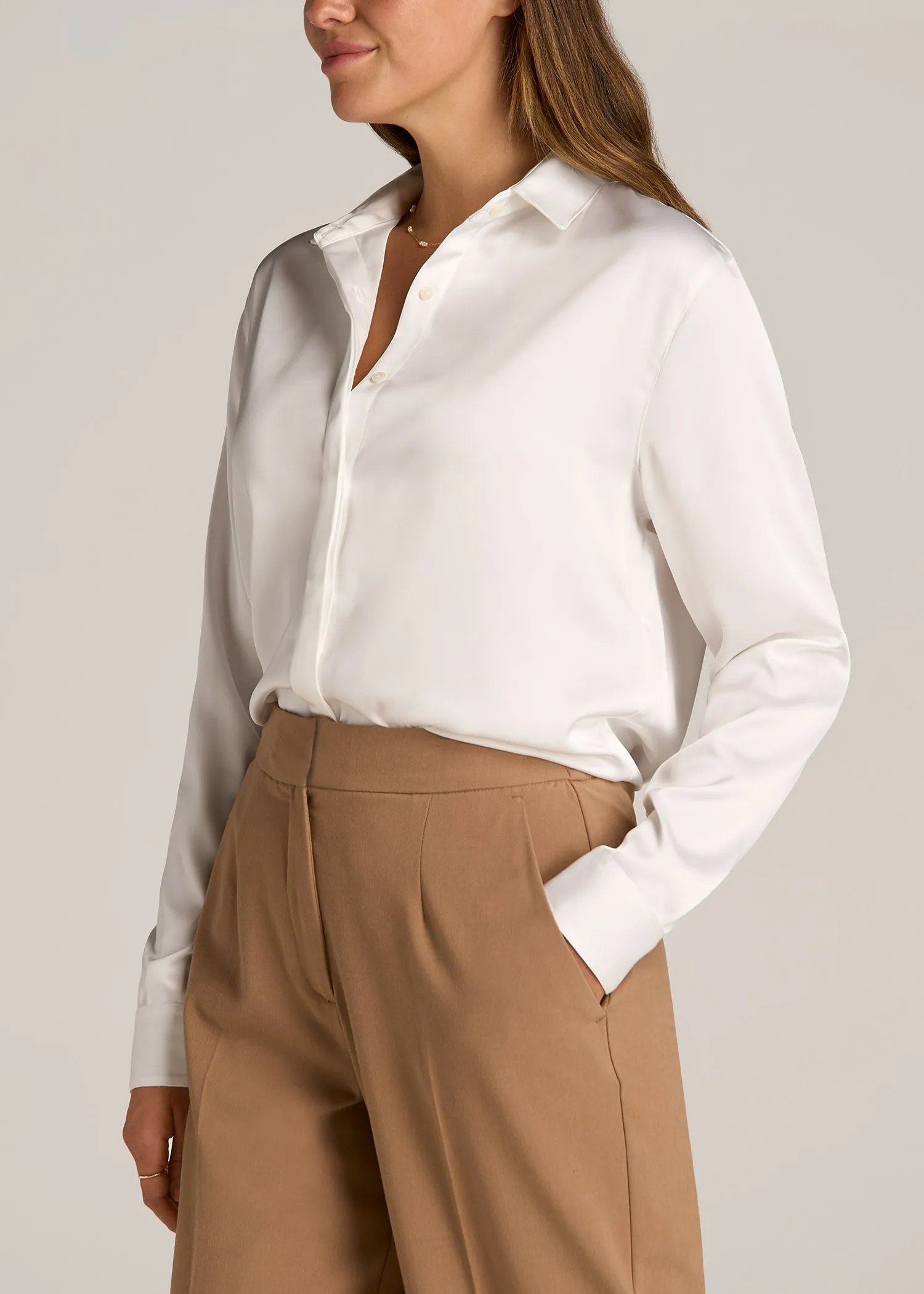 Relaxed Button Up Tall Women's Blouse in Pearl White