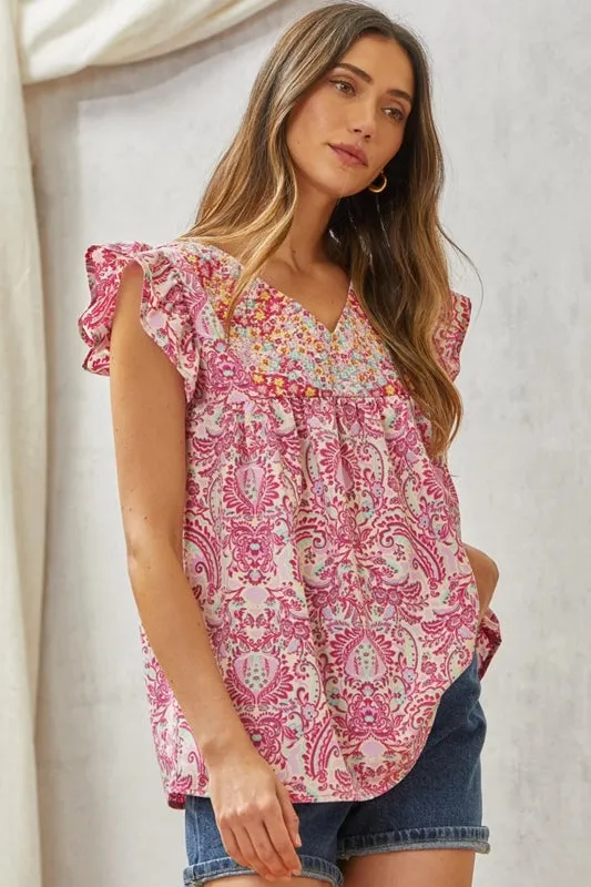 Savanna Jane Baroque & Floral Embroidery Blouse - Magenta Teal
