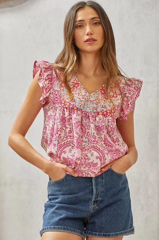 Savanna Jane Baroque & Floral Embroidery Blouse - Magenta Teal