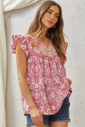 Savanna Jane Baroque & Floral Embroidery Blouse - Magenta Teal