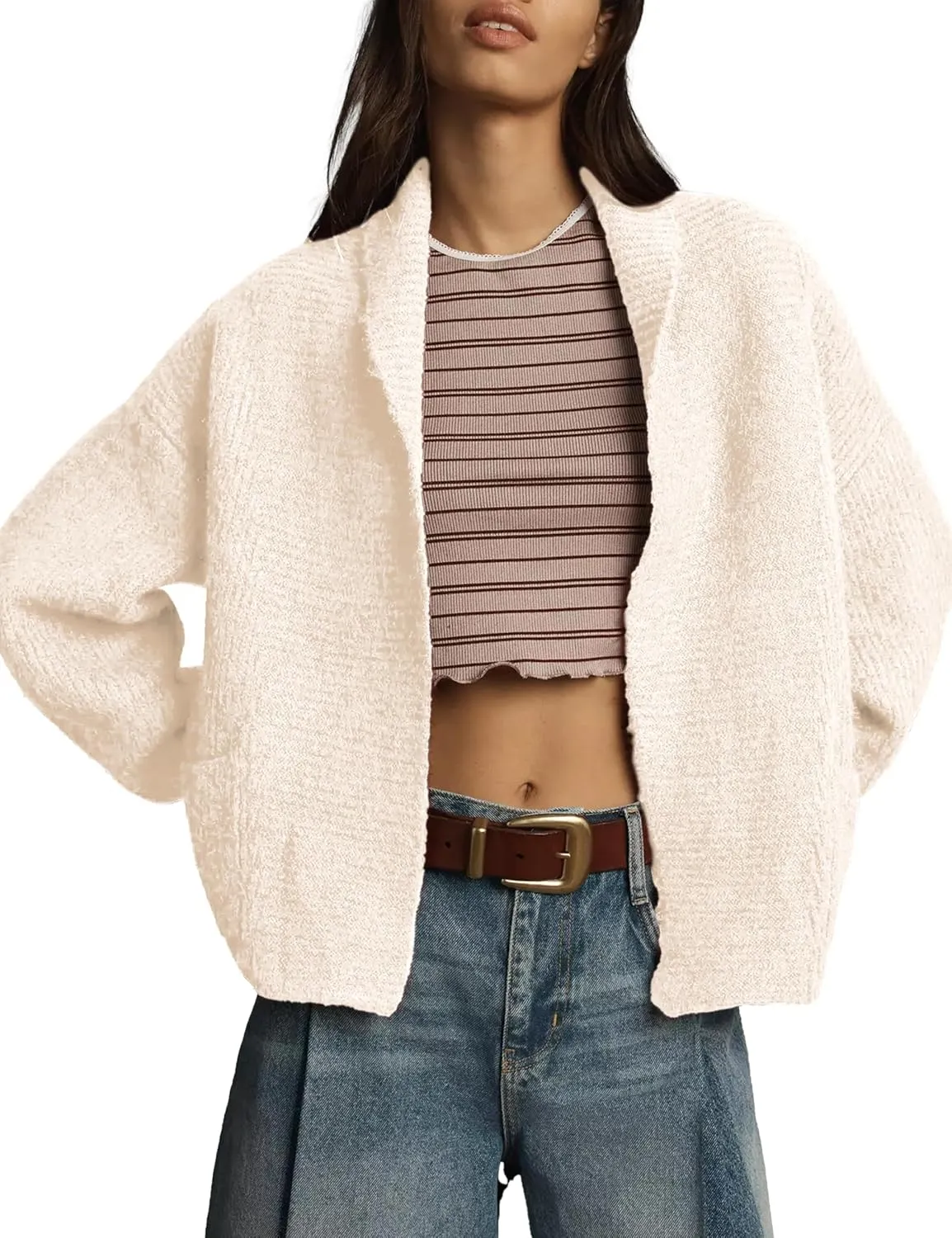 Shawl Collar Cardigan for Women Cropped Open Front Sweater Loose Casual Knitwear Chunky Knit Jacket with Pockets