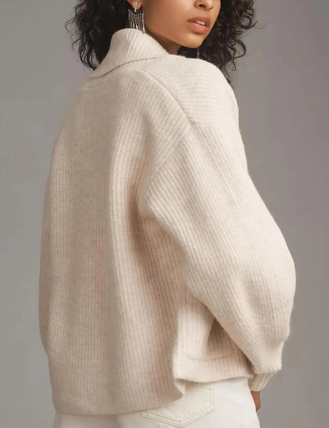Shawl Collar Cardigan for Women Cropped Open Front Sweater Loose Casual Knitwear Chunky Knit Jacket with Pockets