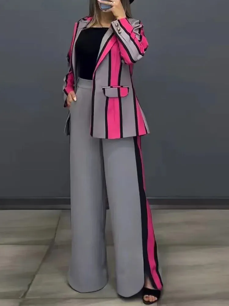 UAKISS  -  Autumn Winter Women Wide Leg Pants Matching Sets, 2024 Long Sleeve Single Button Fashion Outfit, Cardigan Top Chic Ladies Suits