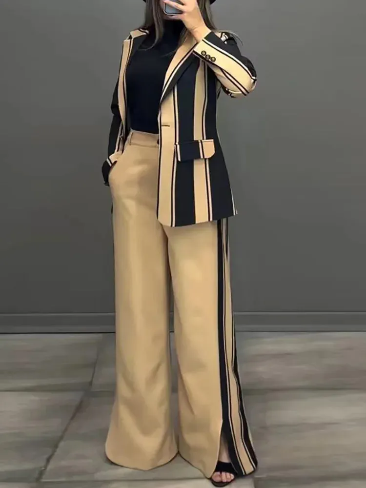 UAKISS  -  Autumn Winter Women Wide Leg Pants Matching Sets, 2024 Long Sleeve Single Button Fashion Outfit, Cardigan Top Chic Ladies Suits