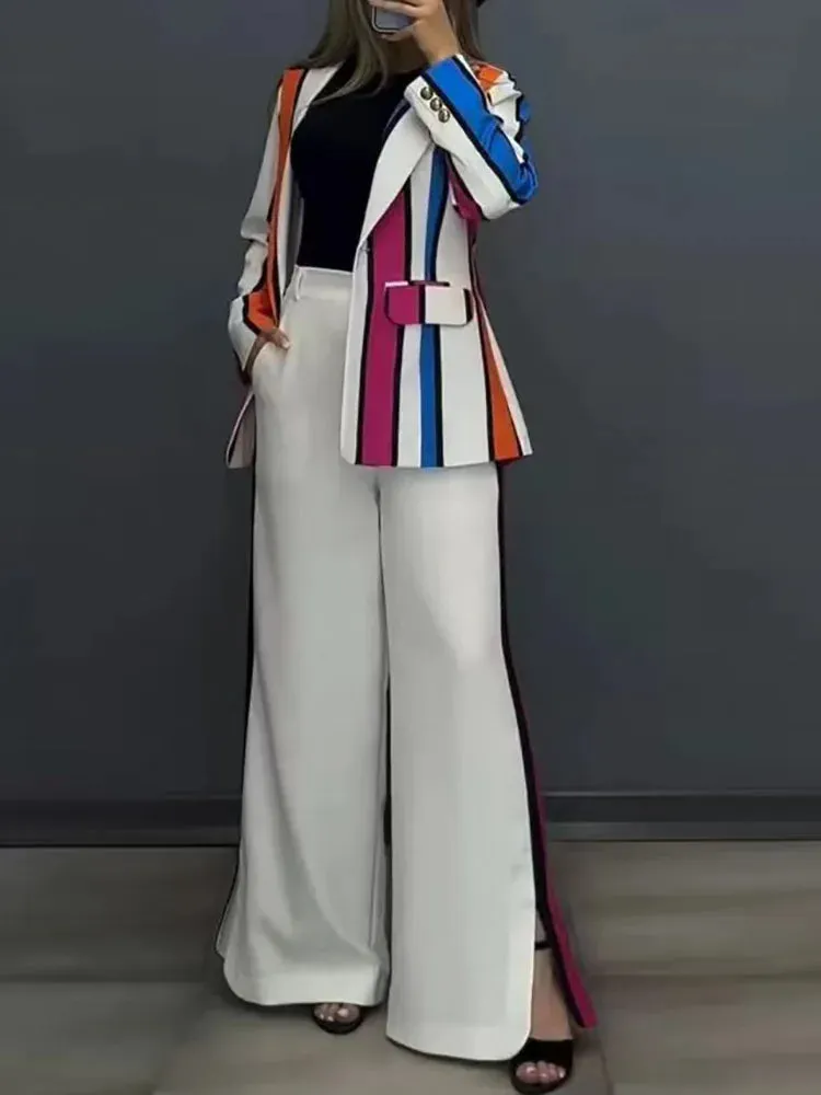 UAKISS  -  Autumn Winter Women Wide Leg Pants Matching Sets, 2024 Long Sleeve Single Button Fashion Outfit, Cardigan Top Chic Ladies Suits