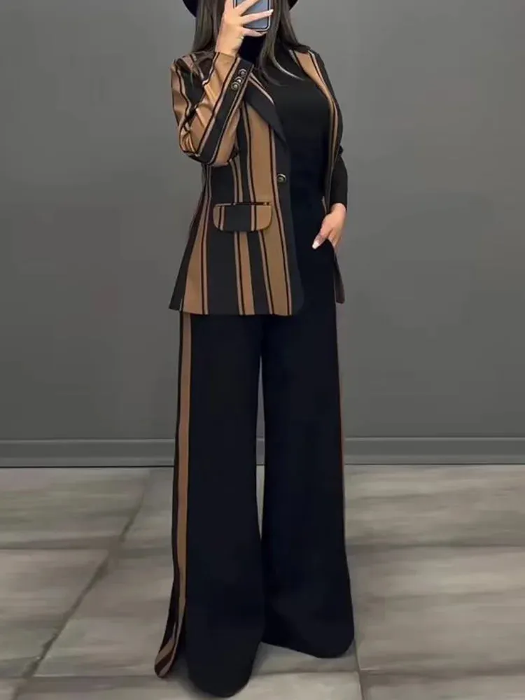 UAKISS  -  Autumn Winter Women Wide Leg Pants Matching Sets, 2024 Long Sleeve Single Button Fashion Outfit, Cardigan Top Chic Ladies Suits