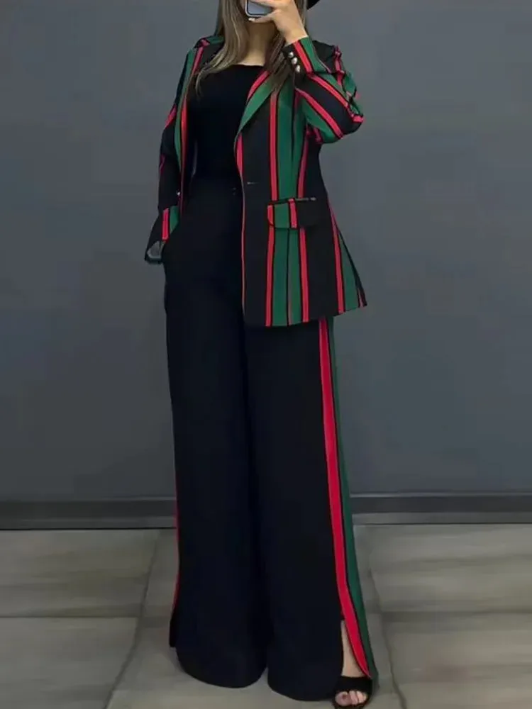 UAKISS  -  Autumn Winter Women Wide Leg Pants Matching Sets, 2024 Long Sleeve Single Button Fashion Outfit, Cardigan Top Chic Ladies Suits