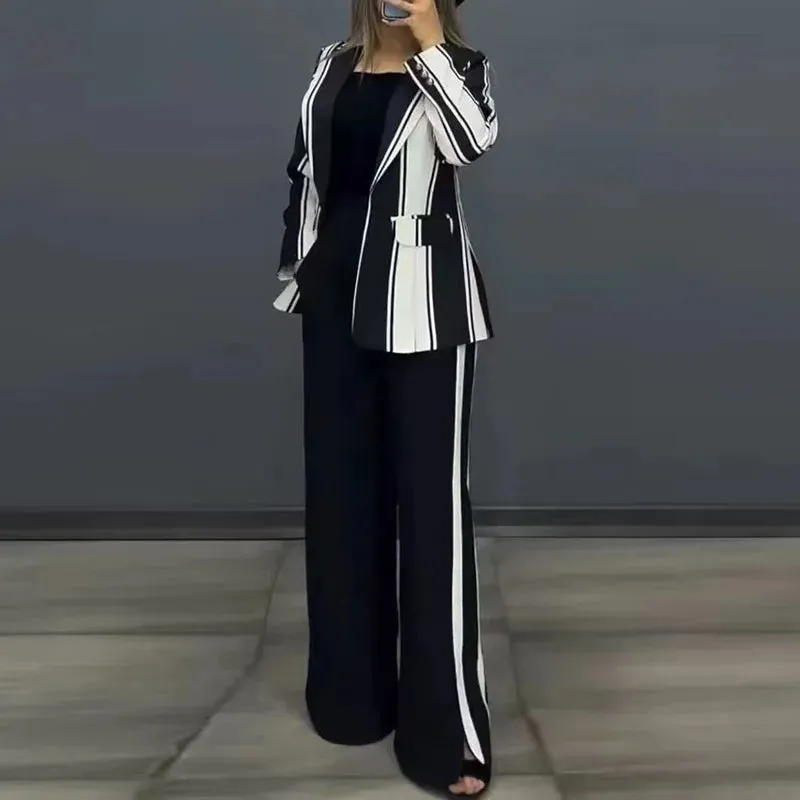 UAKISS  -  Autumn Winter Women Wide Leg Pants Matching Sets, 2024 Long Sleeve Single Button Fashion Outfit, Cardigan Top Chic Ladies Suits