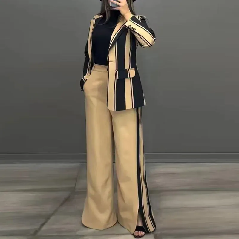 UAKISS  -  Autumn Winter Women Wide Leg Pants Matching Sets, 2024 Long Sleeve Single Button Fashion Outfit, Cardigan Top Chic Ladies Suits